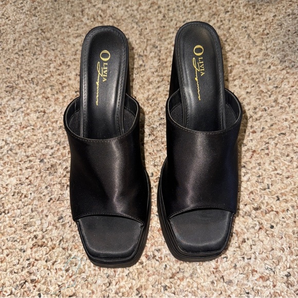 Platform Chunky Satin Black Mules Heels 9 - Picture 9 of 9